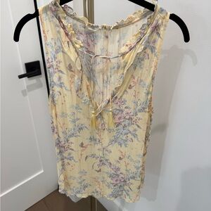 Paige Silk Sleeveless Yellow Floral Ruffle Tie-Neck Top